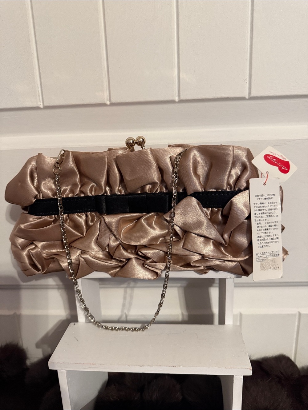 Satin Ruffle Chain-Handle Clutch Bag in Champagne